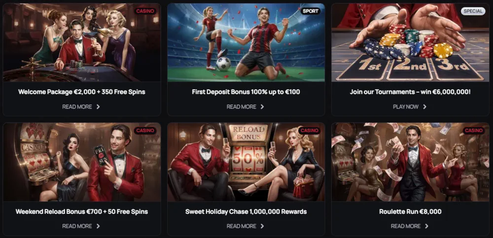 Προωθητικός πίνακας ελέγχου Casinova που δείχνει διάφορα μπόνους καλωσορίσματος και εκδηλώσεις.